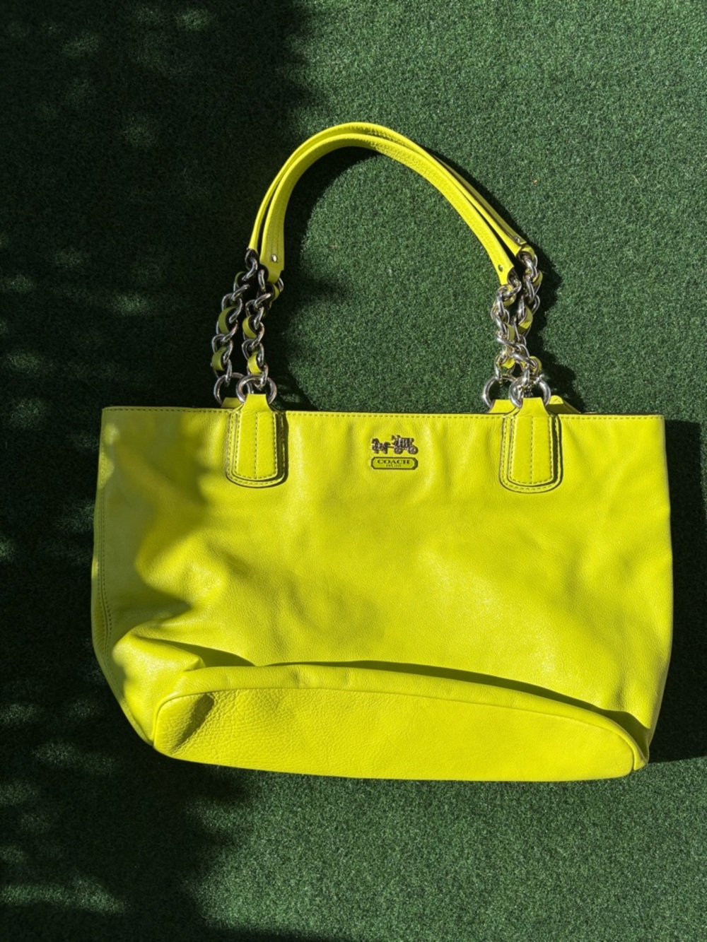 Coach Neon Yellow Leather Tote with Chain-Link Handles